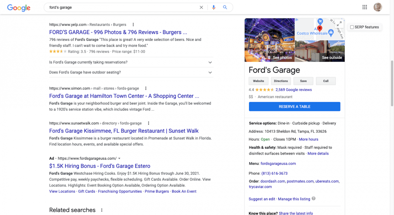 The Google knowledge graph for Ford's Garage in Tampa, FL