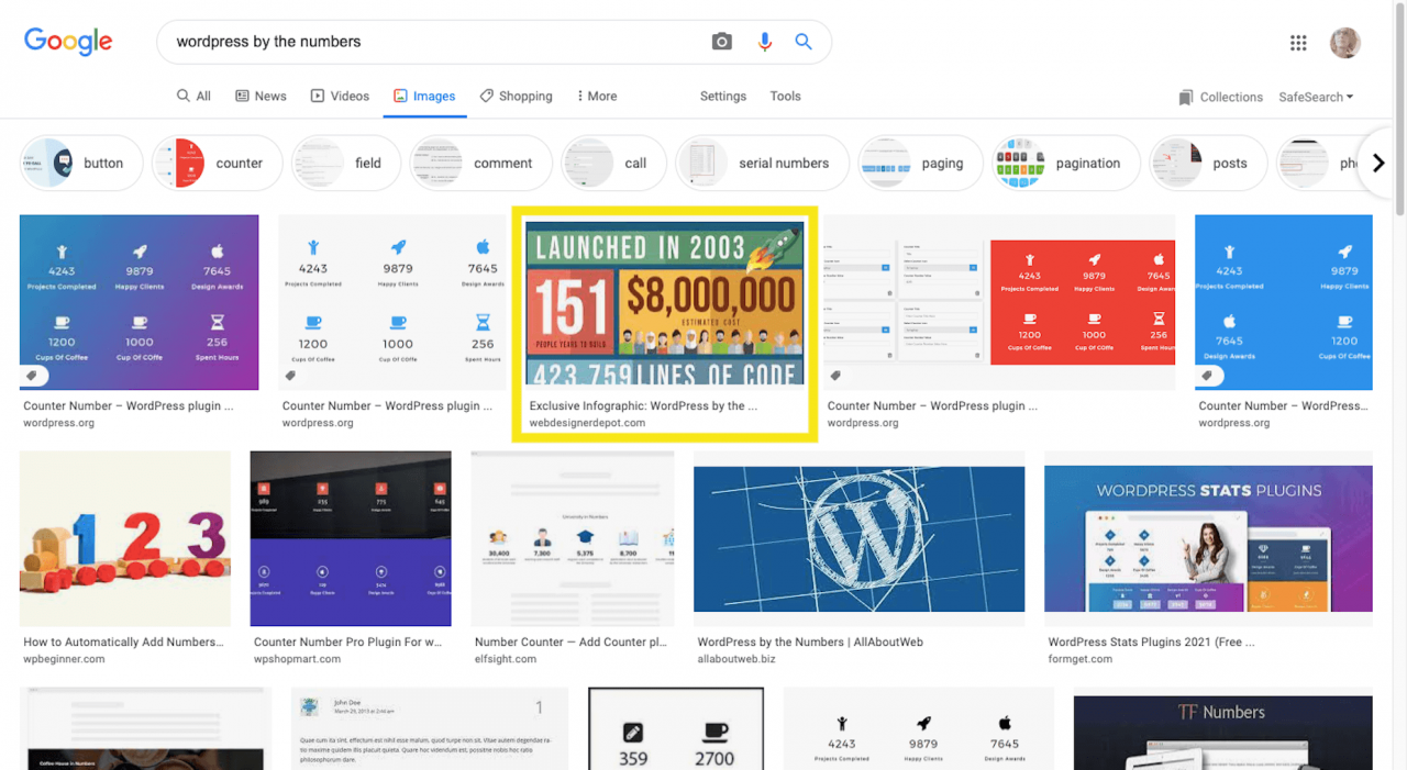 A Google Images search for "WordPress by the numbers"