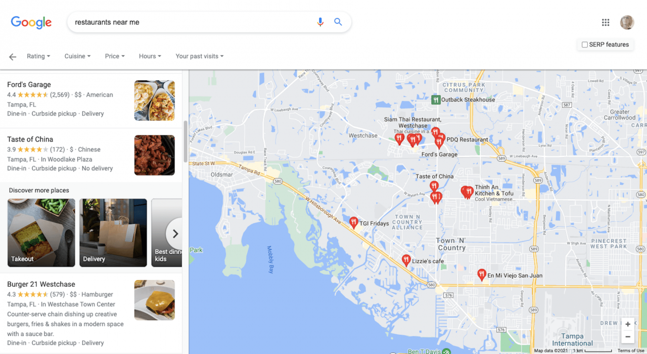 A Google search for "restaurants near me" with map results